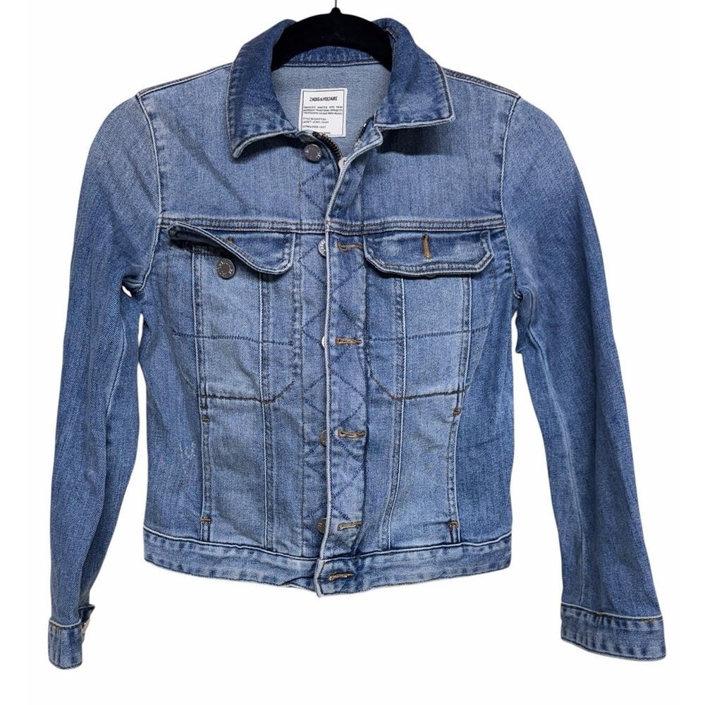 Zadig & Voltaire Kioky Perm Distressed Blue Button Zip Jacket Women's Size XS